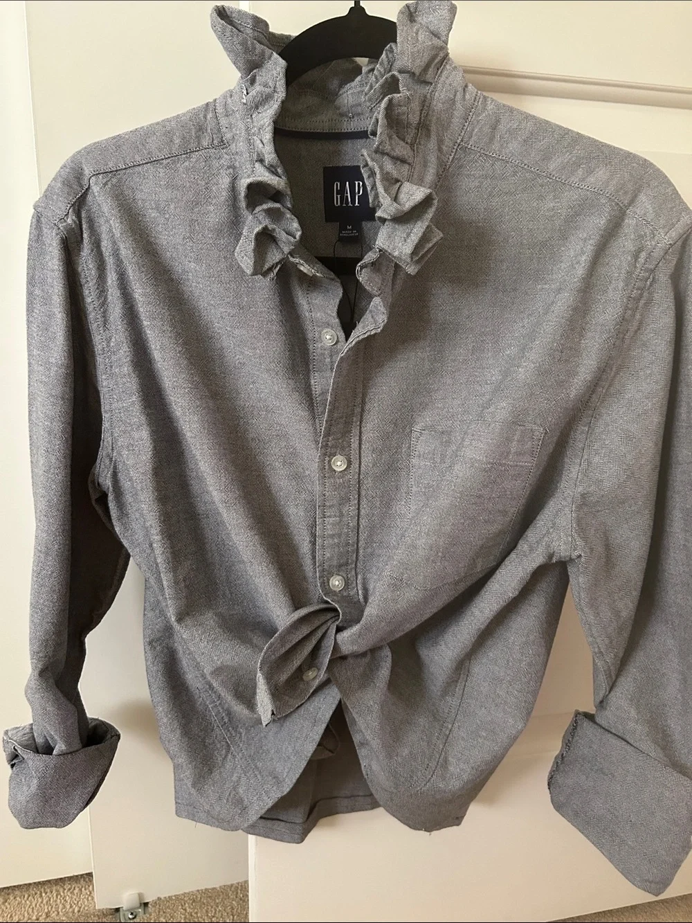 GAP Grey Button-Down Shirt recreated for a woman with a ruffled collar